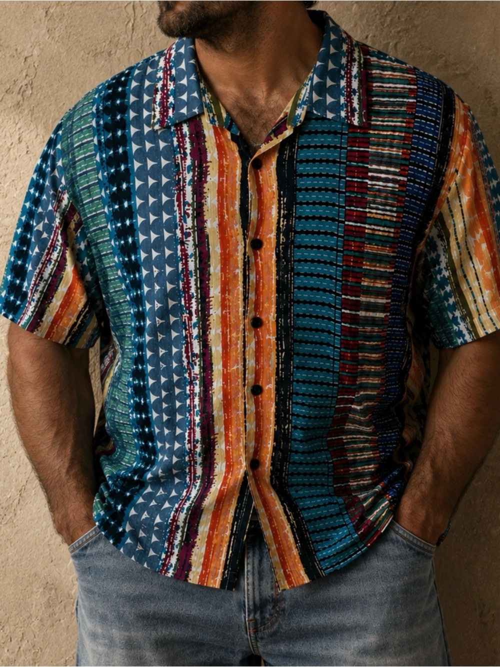 Vatpave Men’s XL Multicolor Abstract Stripe Button Front Shirt Cotton Festival